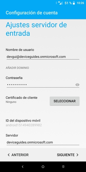 Introduzca Nombre de usuario y la dirección de servidor Exchange. Seleccione SIGUIENTE