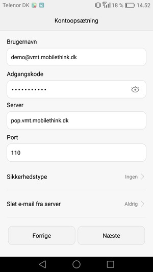 Indtast Brugernavn og indgående serveradresse. Vælg Næste