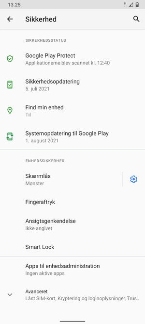 For at ændre PIN-koden til sim-kortet, scroll til og vælg Avanceret