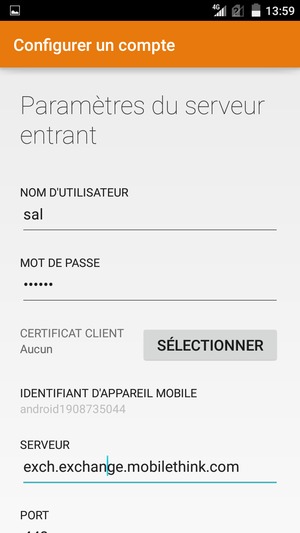 Saisissez Nom d'utilisateur et l'adresse du serveur Exchange