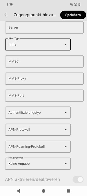 Scrollen Sie nach unten und geben Sie MMS-Informationen ein