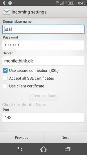 Enter Username and Exchange server address. Select Next