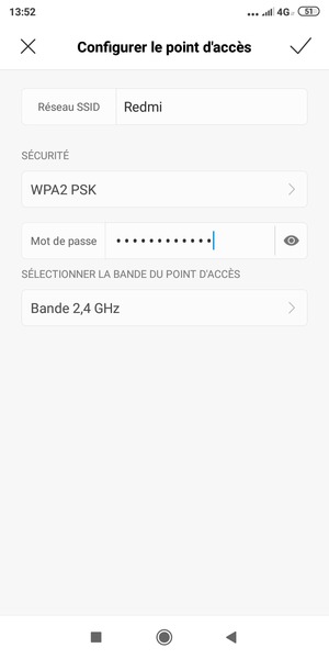 Saisissez un mot de passe de hotspot Wi-Fi d'au moins 8 caractères et sélectionnez ENREGISTRER