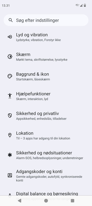 Scroll til og vælg Sikkerhed og privatliv