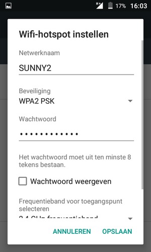 Voer een wachtwoord van een WiFi-hotspot in van ten minste 8 tekens en selecteer OPSLAAN