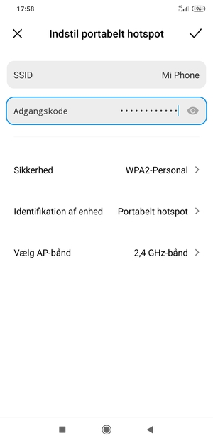 Indtast en Wi-Fi-hotspot adgangskode på minimum 8 tegn og vælg GEM