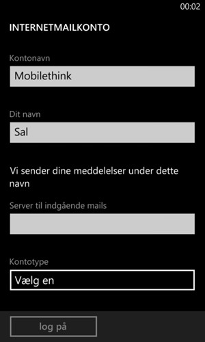 Giv din konto et navn og indtast dit navn. Indtast Indgående serveradresse