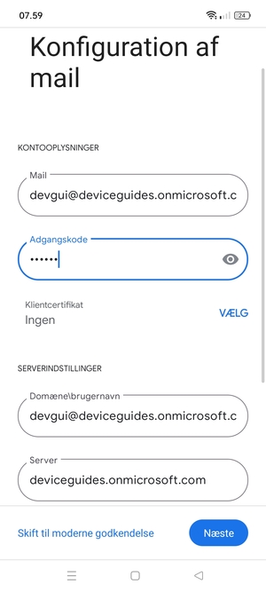 Indtast Brugernavn og Exchange serveradresse. Vælg Næste
