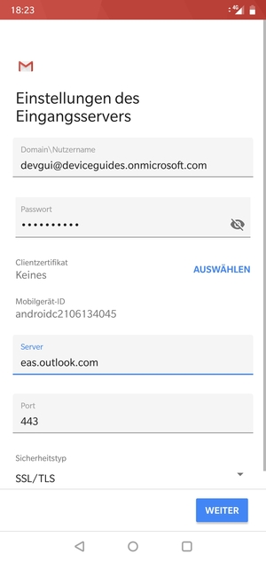 Geben Sie Benutzername und Exchange Server-Adresse ein. Wählen Sie WEITER