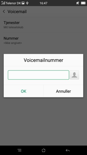 Indtast Voicemailnummer og vælg OK