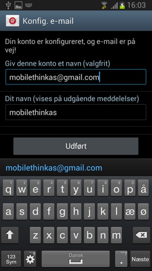 Giv din konto et navn og indtast dit navn. Vælg Udført