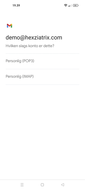 Vælg Personlig (POP3) eller Personlig (IMAP)
