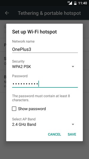 Enter a Wi-Fi hotspot password of at least 8 characters and select SAVE