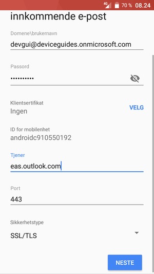 Skriv inn brukernavn og Exchange serveradresse. Velg NESTE