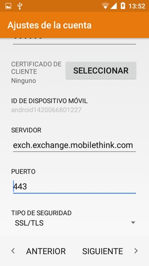 Desplácese hacia abajo e introduzca la Dirección del servidor Exchange. Seleccione SIGUIENTE