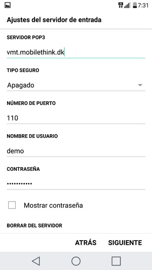 Introduzca dirección del servidor entrada y Nombre de usuario. Seleccione SIGUIENTE