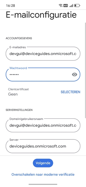 Voer Gebruikersnaam en Exchange serveradres in. Selecteer Volgende