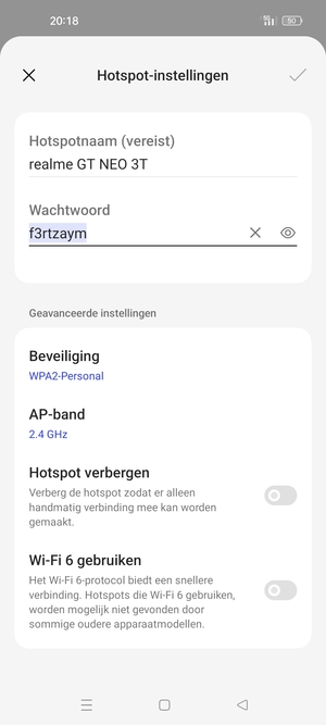 Voer een wachtwoord van een WiFi-hotspot in van ten minste 8 tekens en selecteer OK