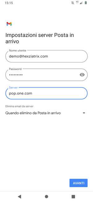 Inserisci Nome utente e l'indirizzo del server di posta in arrivo. Seleziona AVANTI