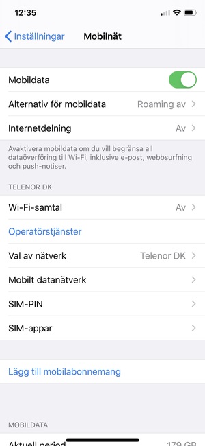 Välj Alternativ för mobildata