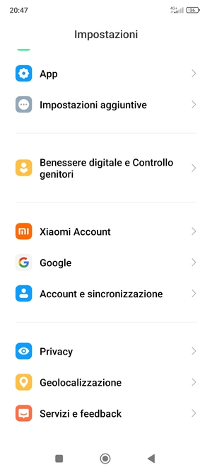 Scorri e seleziona Account e sincronizzazione