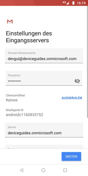 Geben Sie Benutzername und Exchange Server-Adresse ein. Wählen Sie WEITER