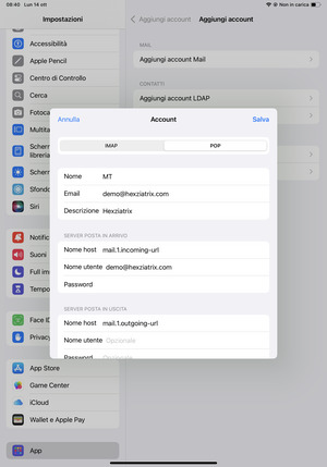 Seleziona IMAP o POP e inserisci le informazioni email per SERVER POSTA IN ARRIVO