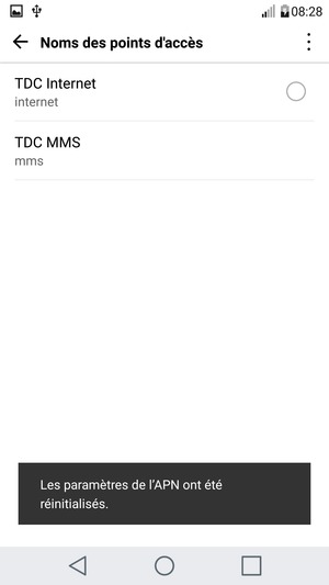 Votre téléphone va être réinitialisé avec les paramètres Internet et MMS par défaut