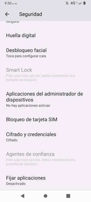 Para cambiar el PIN de la tarjeta SIM, vaya al menú Seguridad y desplácese y seleccione Bloqueo de tarjeta SIM