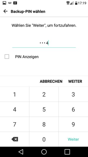 Geben Sie eine Backup-PIN ein und wählen Sie WEITER