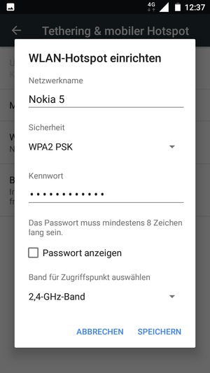 Geben Sie eine WLAN-Hotspot-Passwort mit mindestens 8 Zeichen ein und wählen Sie SPEICHERN
