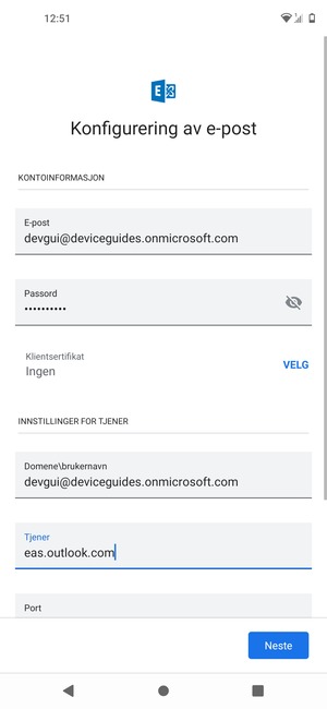 Skriv inn Brukernavn og Exchange serveradresse. Velg Neste