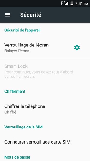 Pour activer votre écran de verrouillage, allez dans le menu Sécurité et sélectionnez Verrouillage de l'écran