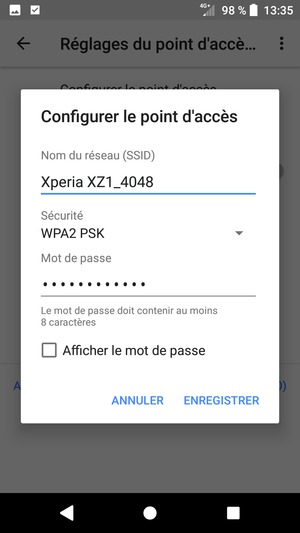 Saisissez un mot de passe de hotspot Wi-Fi d'au moins 8 caractères et sélectionnez ENREGISTRER