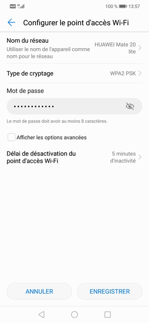 Saisissez un mot de passe de hotspot Wi-Fi d'au moins 8 caractères et sélectionnez ENREGISTRER