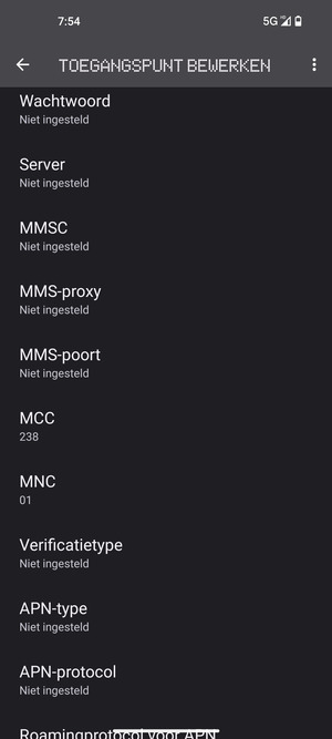 Scroll naar beneden en voer mms-gegevens in