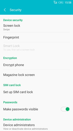 To activate your screen lock, go to the Security menu and select Screen lock