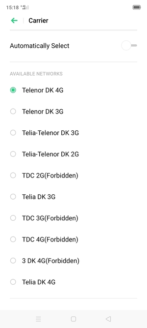 Vælg en netværksudbyder fra listen