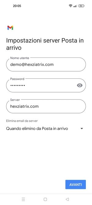 Inserisci Nome utente e l'indirizzo del server di posta in arrivo. Seleziona AVANTI
