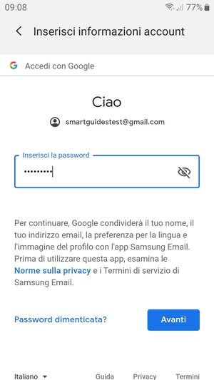 Inserisci la tua password di Gmail e seleziona Avanti
