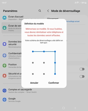 Dessinez de nouveau le schéma de déverrouillage et sélectionnez Confirmer