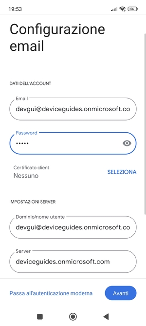 Inserisci Nome utente e l'indirizzo del server Exchange. Seleziona Avanti