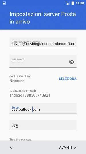 Inserisci Nome utente e l'indirizzo del server Exchange. Seleziona AVANTI
