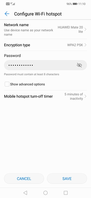 Enter a Wi-Fi hotspot password of at least 8 characters and select SAVE