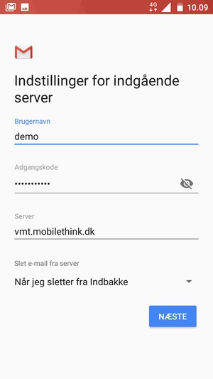 Indtast Brugernavn og indgående serveradresse. Vælg NÆSTE