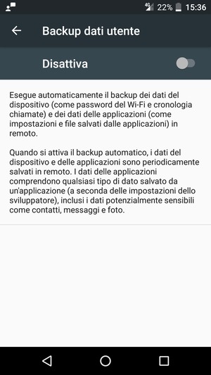 Attiva Backup dati utente