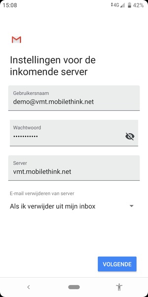 Voer Gebruikersnaam en binnenkomend serveradres in. Selecteer VOLGENDE