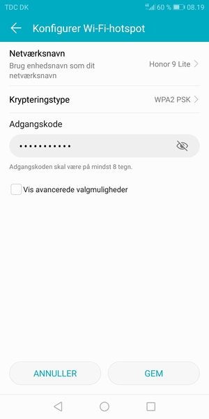 Indtast en Wi-Fi-hotspot adgangskode på minimum 8 tegn og vælg GEM