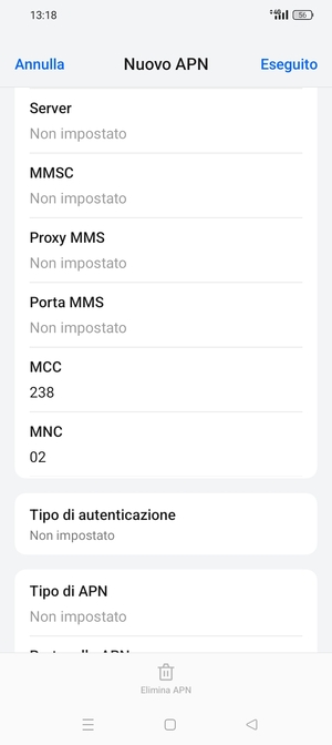 Scorri verso il basso e inserisci le informazioni di internet