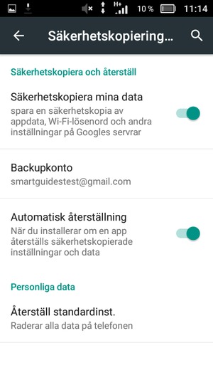 Aktivera Säkerhetskopiera mina data och välj Backupkonto